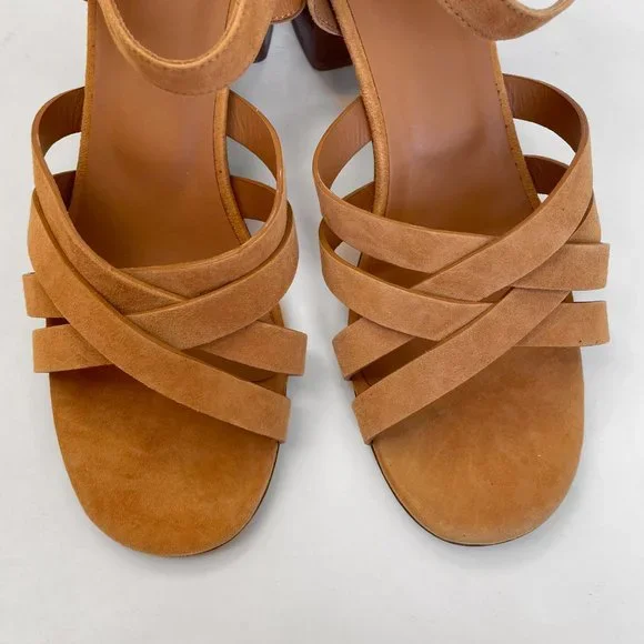 Rivecour Suede Sandals Brown Tan Leather $222 NEW Cross Stack Heel Block Ankle - Picture 6 of 12